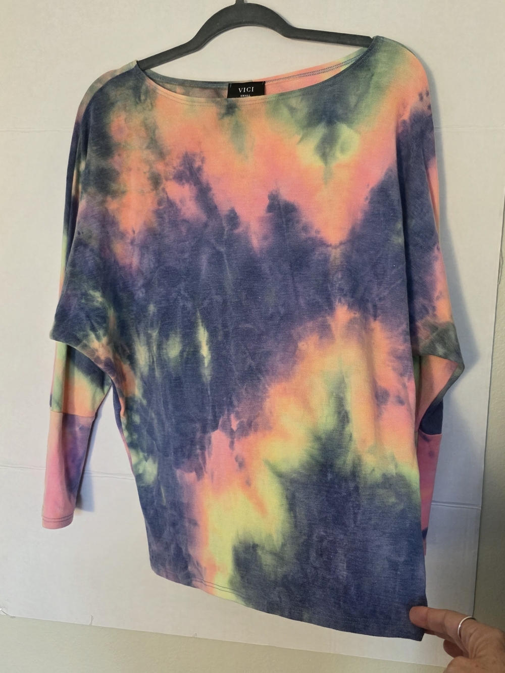 VICI Neon Rainbow Tie Dye Boatneck Pullover Top Drop Shoulder Hippie Made in USA